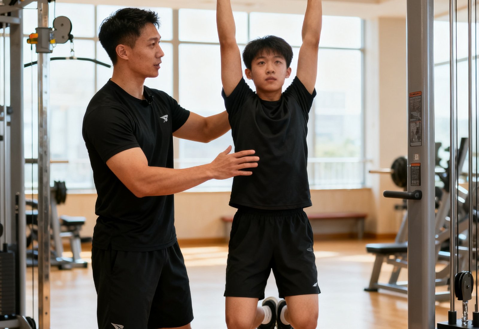 宽敞明亮的室内训练馆中，一位身穿黑色运动服的专业教练正在一对一指导学员进行引体向上的标准动作示范，学员双手紧握横杆，背景可见专业训练器械