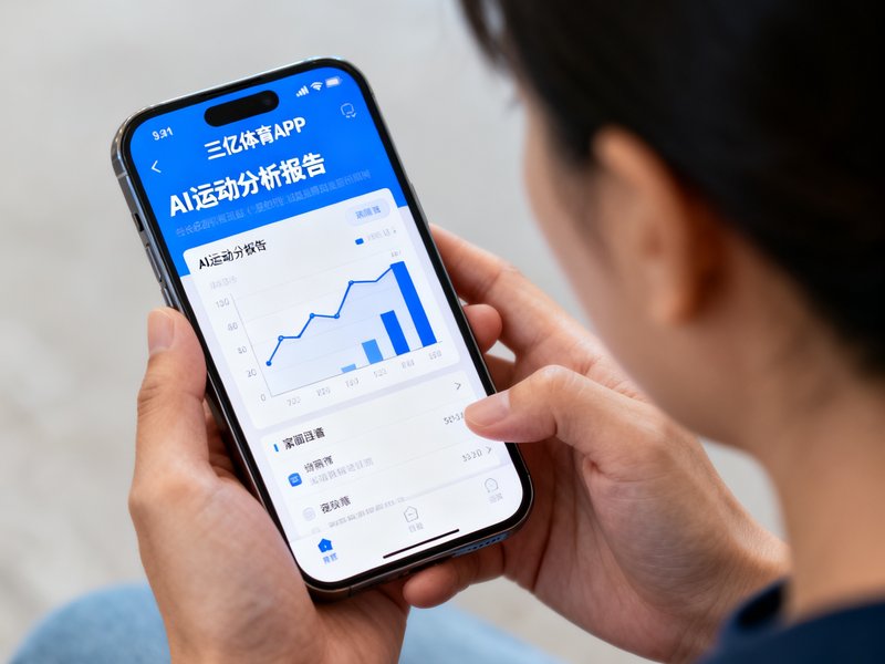 家长在手机屏幕上查看三亿体育APP生成的AI运动分析报告，界面展示数据图表清晰直观