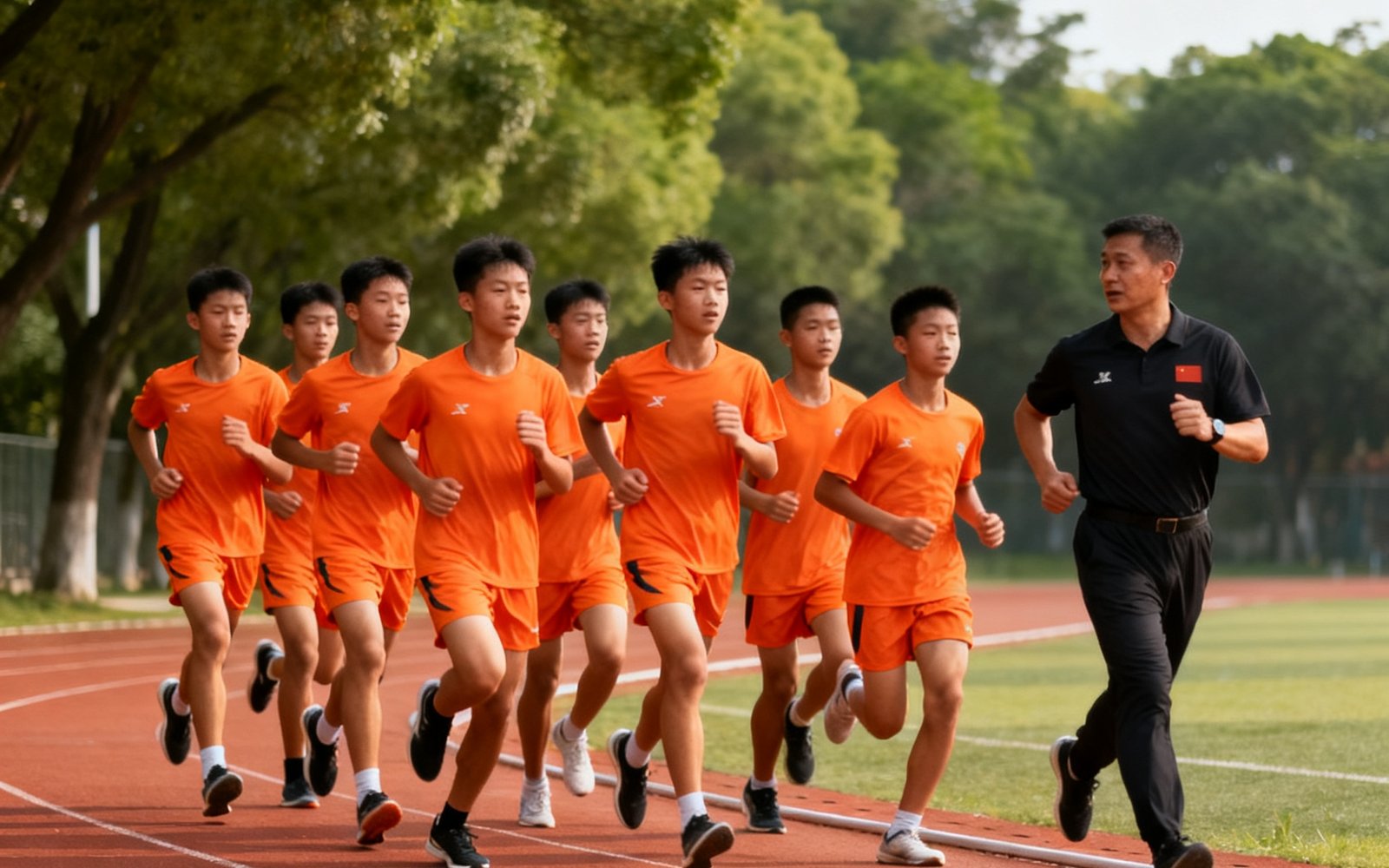 户外田径场上十名身穿橙色训练服的学员排成队列，在教练指导下进行1000米跑步耐力训练，步伐整齐气氛热烈，跑道旁绿树成荫